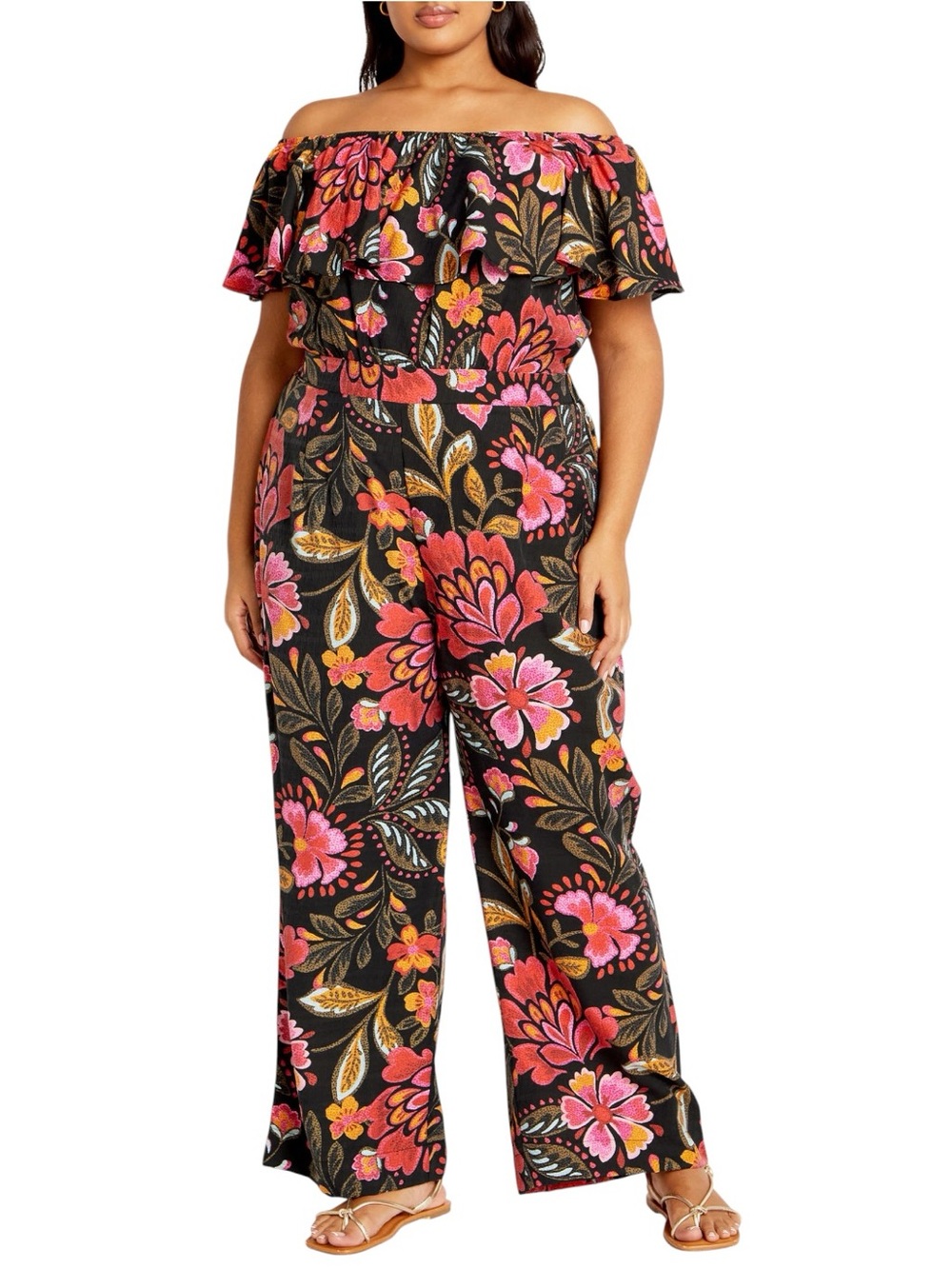 NWT City Chic Floral Print Off The Shoulder Jumpsuit Pink Black Orange Size 14